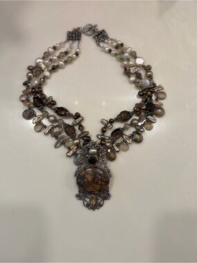 Multi-Strand Brown Pearl & Bead Statement Necklace